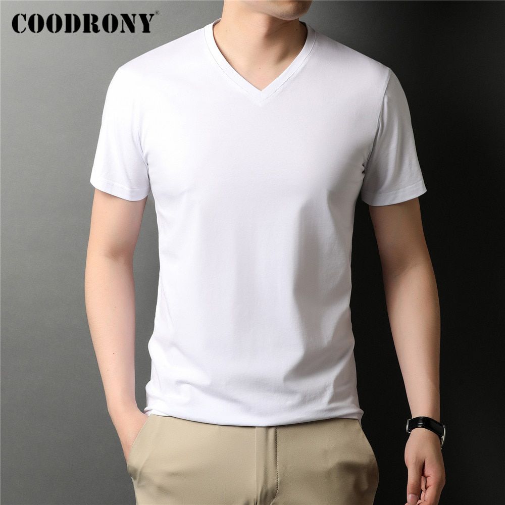 COODRONY Brand High Quality Summer Cool Cotton Tee Top Classic Pure Color Casual V-Neck Short Sleeve T Shirt Men Clothing C5201S