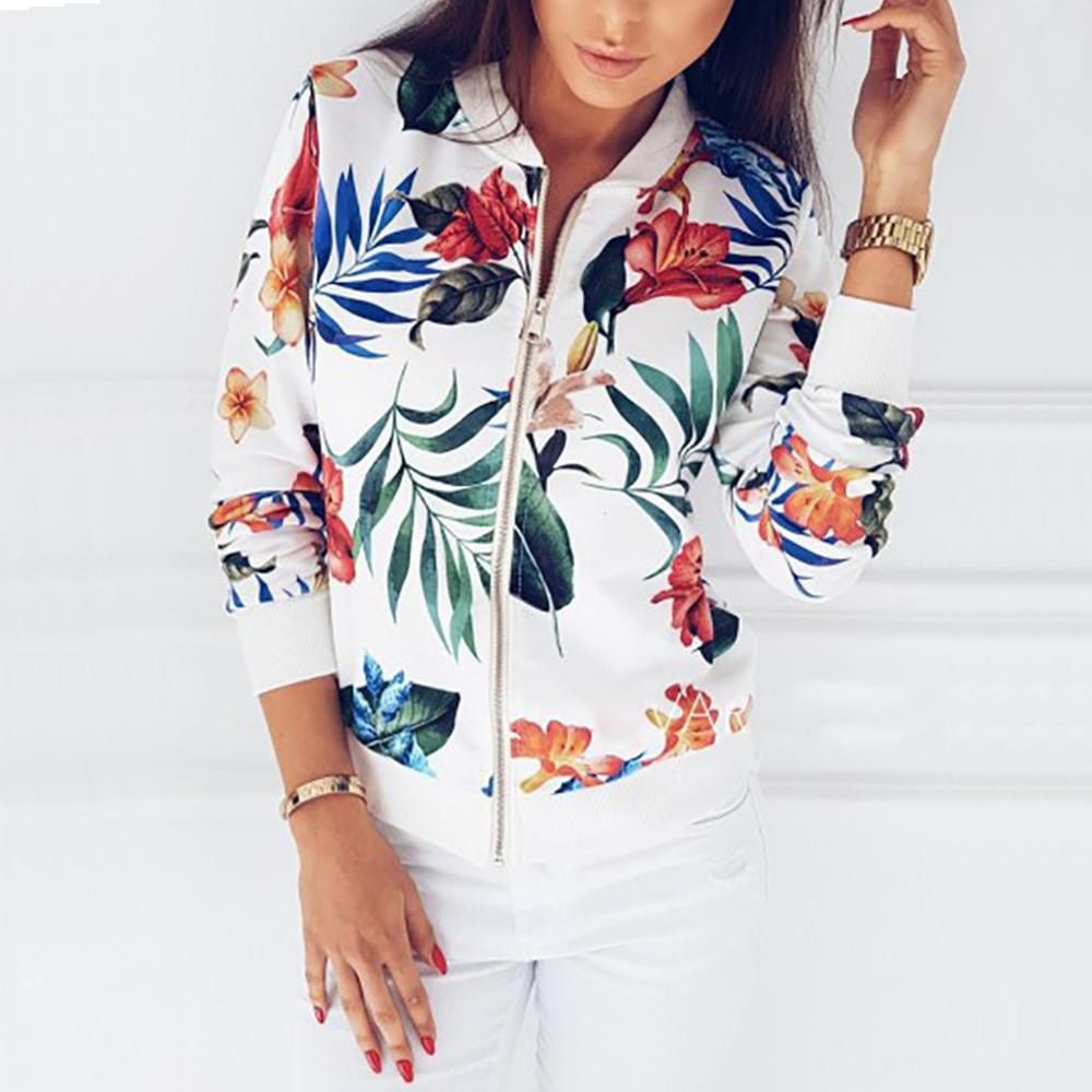 Spring Autumn Jacket Women Fashion Retro Floral Leaf Printed Short Zipper Jacket Female Long Sleeve Casual Lightweight Jacket Coat Plus Size S-5XL