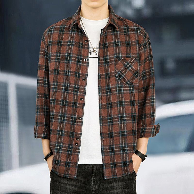 Oversized Autumn Men's Retro Plaid Long-sleeved Shirt Office Male Classic Green Navy Work Jacket Programmer Commuter Top