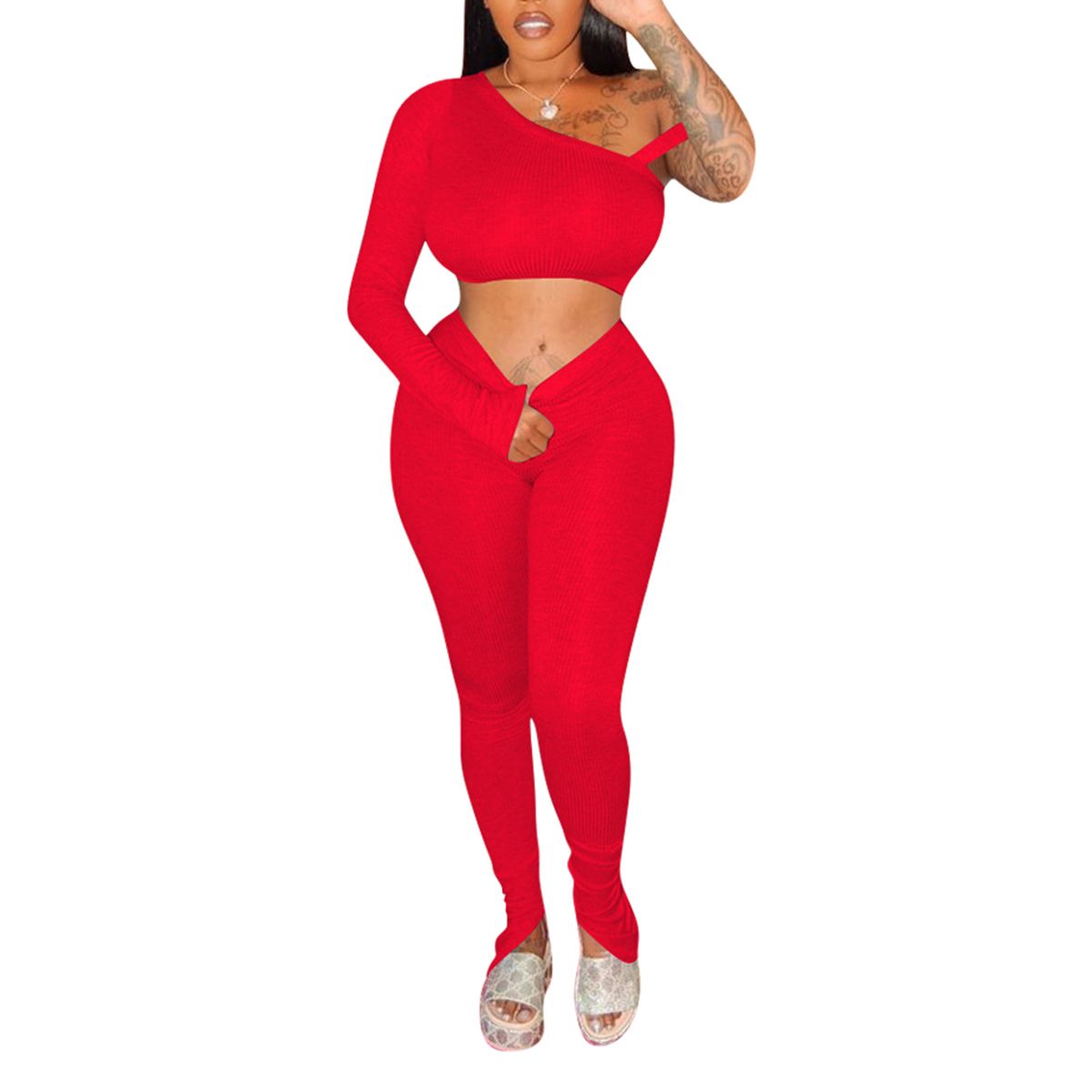 Women’s 2 Piece Outfits, Casual Solid Color Skinny Crop Top + Bodycon Pants Sexyy Clubwear Set