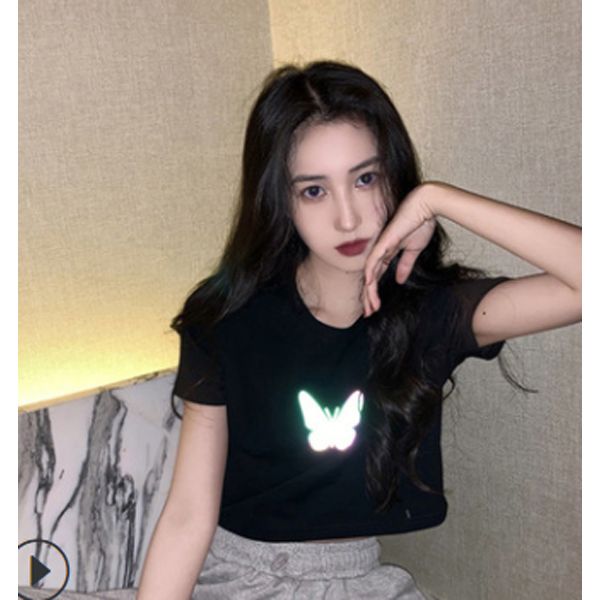 Women Fashion Butterfly Print T-shirt Stylish Short Sleeve Animal Print Top for Ladies