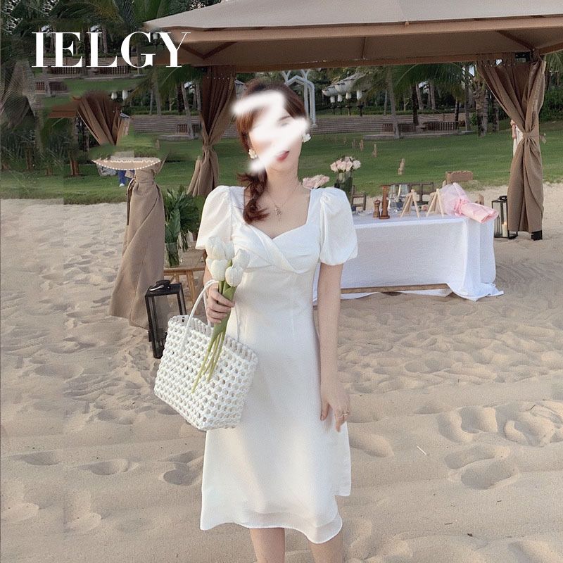 IELGY square neck white dress female temperament long skirt goddess fan waist was thin skirt