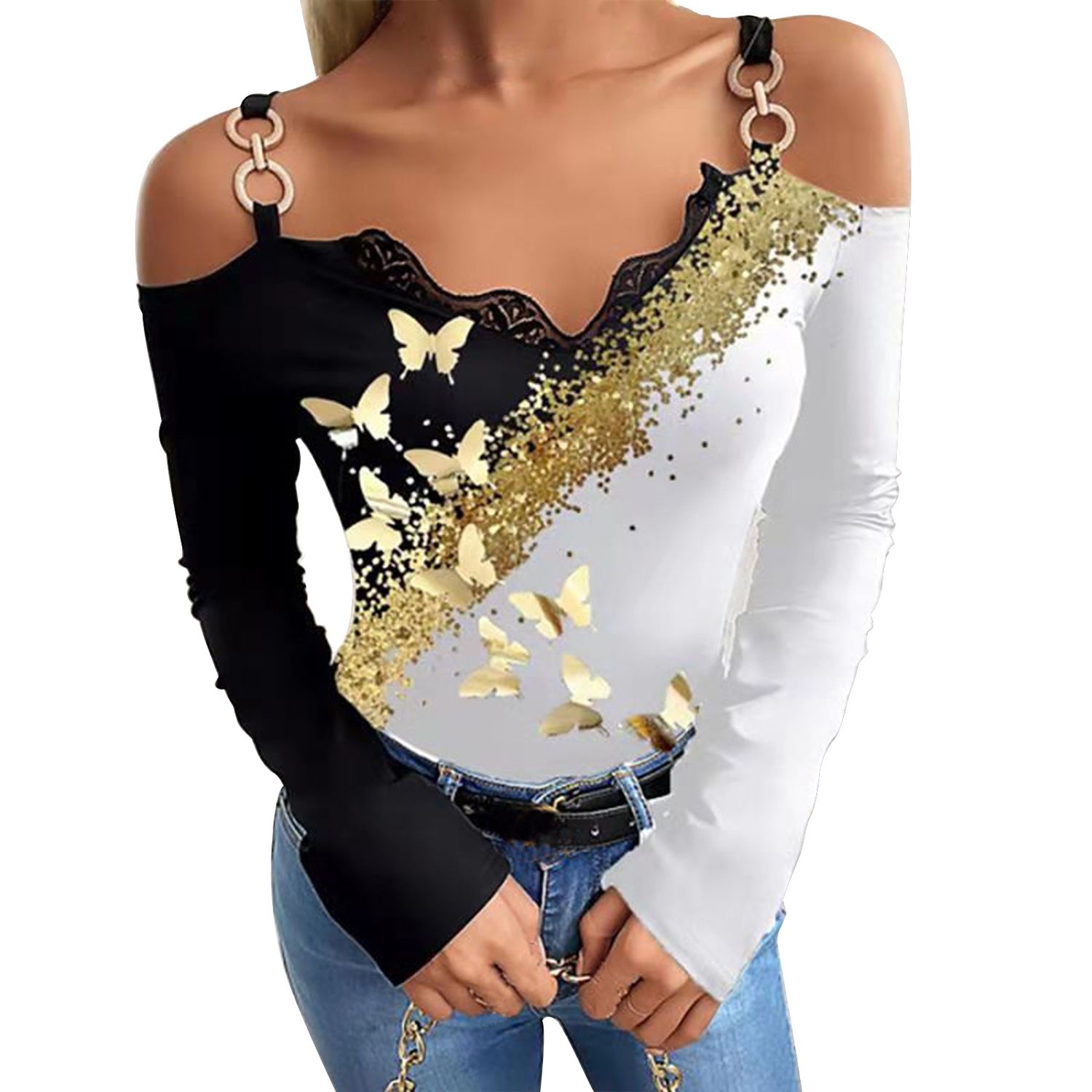 Women Blouse Butterflies Pattern Lace Contrast Color T-shirt