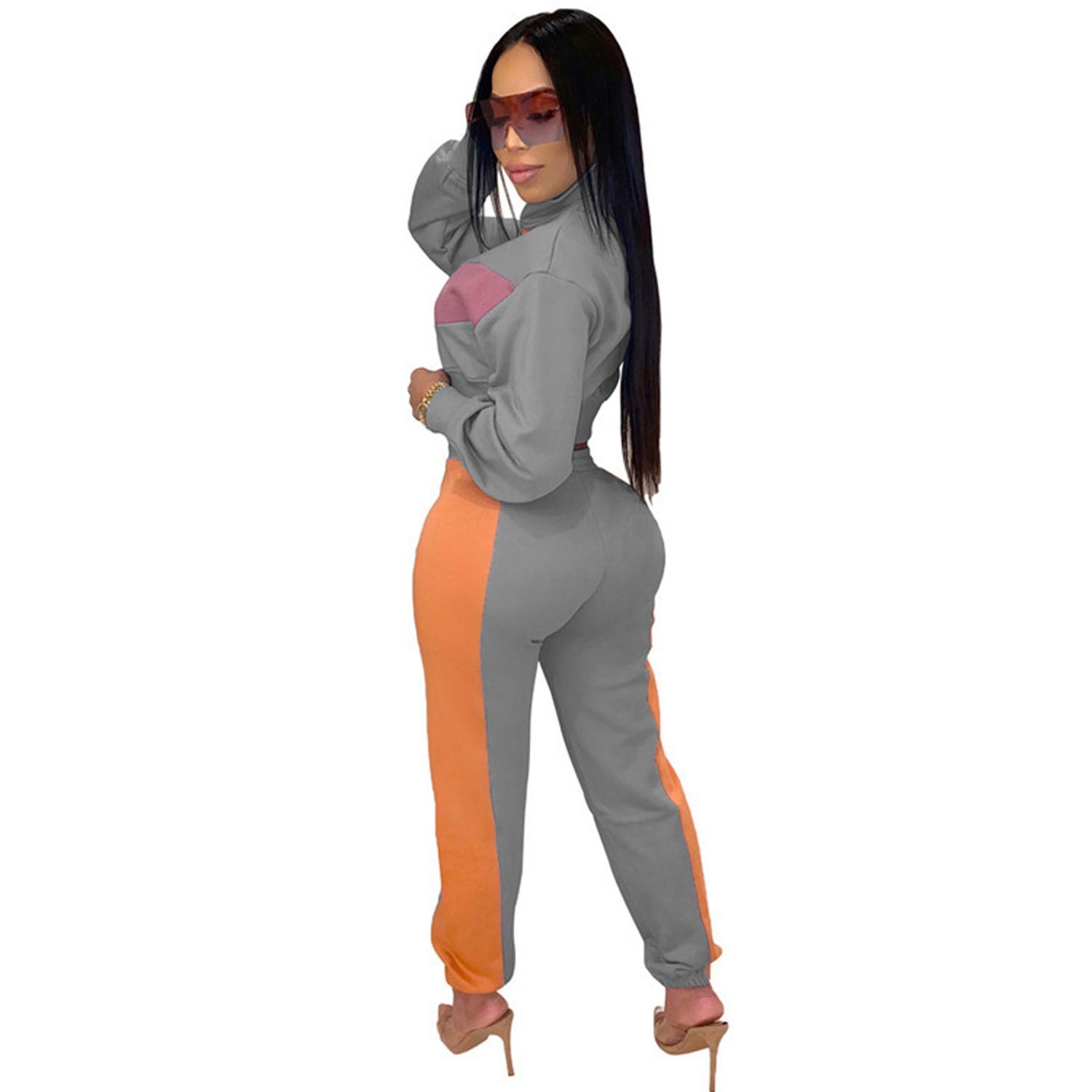Women 2 Pcs Tracksuit Sets, Color Block High Neck Long Sleeve Crop Top + Elastic Waist Pant  Fitness Clothes