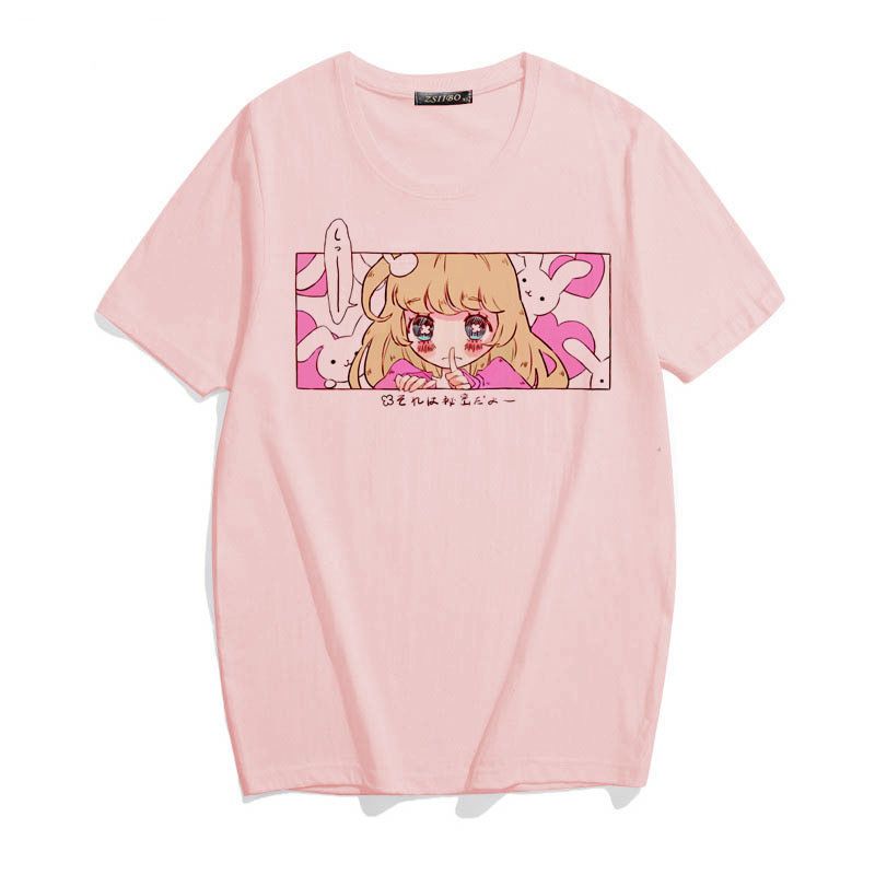 Ulzzang Rabbit Cute Cartoon Sweet Girls Japan Streetwear Harajuku Summer Pink Y2K Kawaii Casual Tops Vintage Loose Women T-shirt