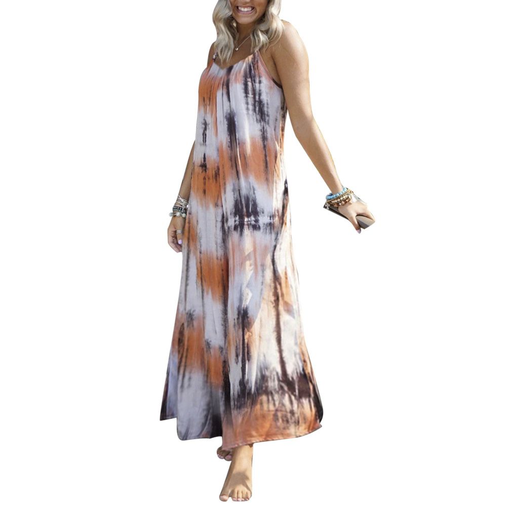 Women V Neck Spaghetti Straps Tie Dye Large Hem Long Sling Dress