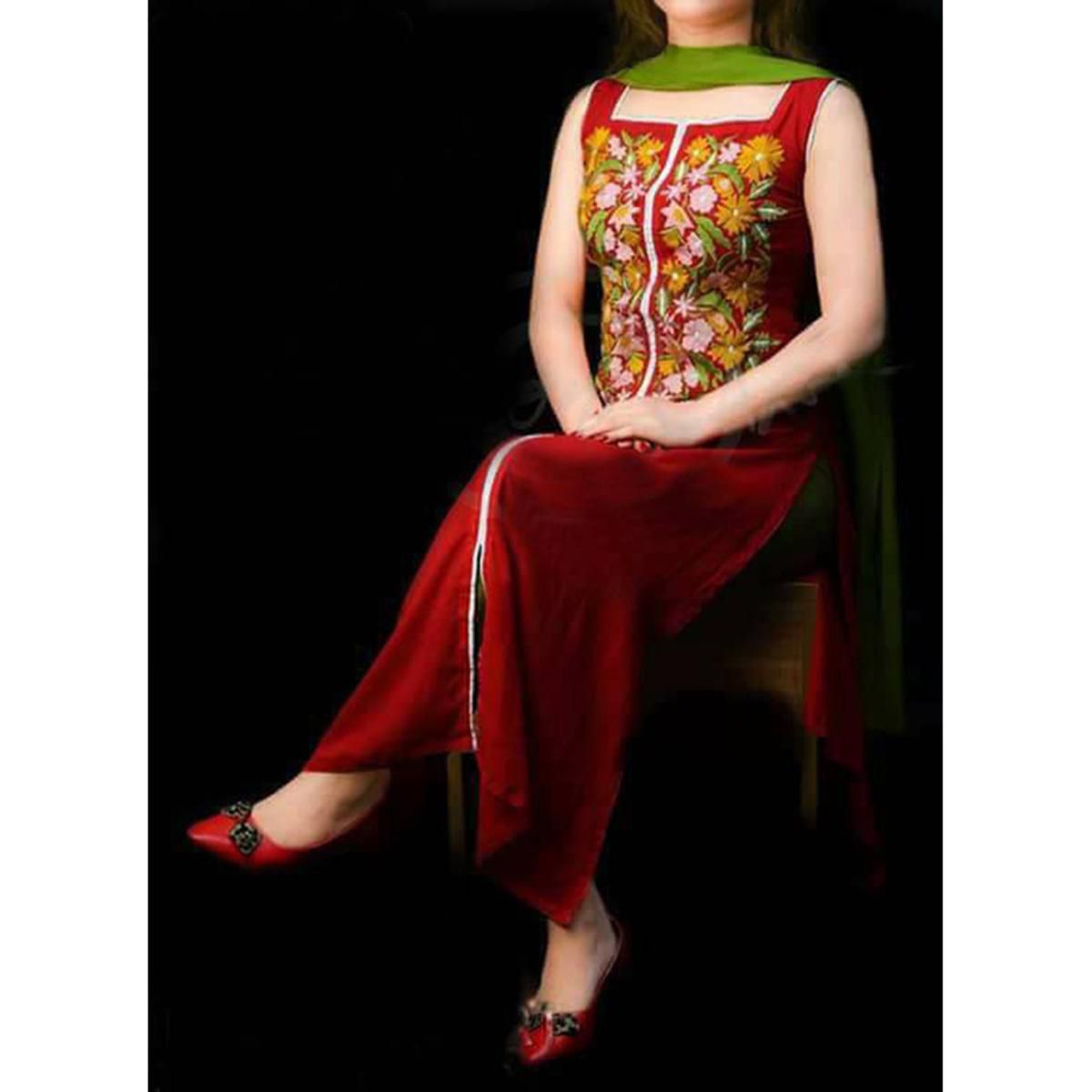 Exclusive Unstitched Red Georgette Embroidery Work Salwar Kameez For Women