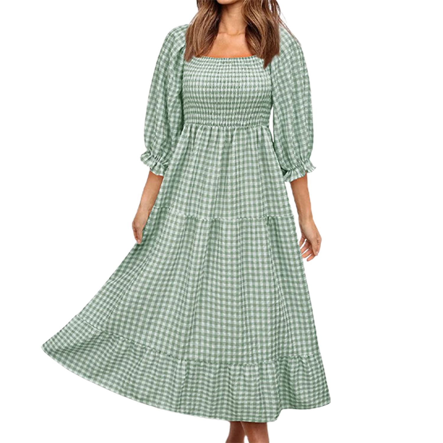 Plaid Print Midi Dress 3/4 Puff Sleeves Soft Square Neck Elastic Waist Summer Dress Sundress