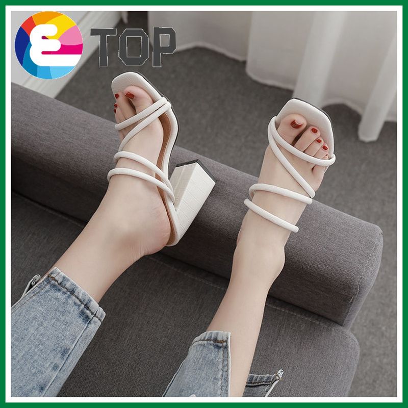 April Women Open Toe PU Concise Slippers Street Snap Square Heel Slip-on
