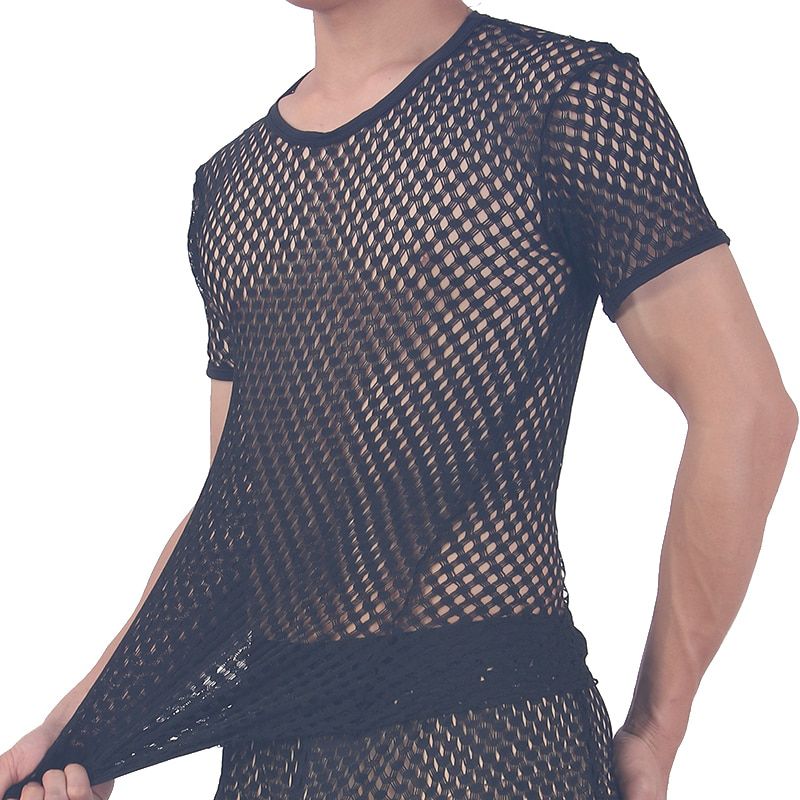 Mens Sexy Mesh See-Through Shirts Short Sleeve Nightclub Sheer Tops Shirt Costume Fish Net t-Shirt