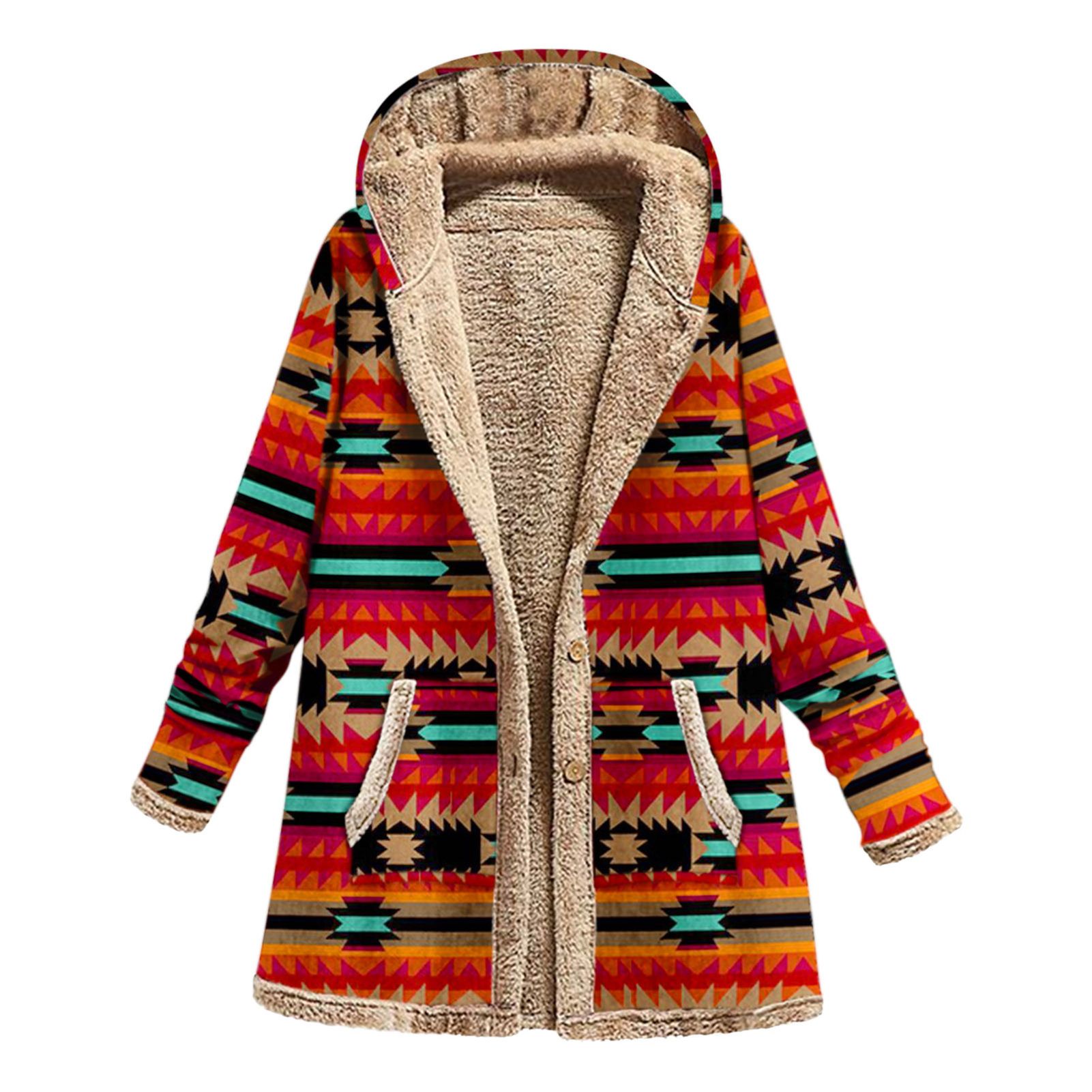 Women Hoodie Geometric Print Warm Hooded Jacket