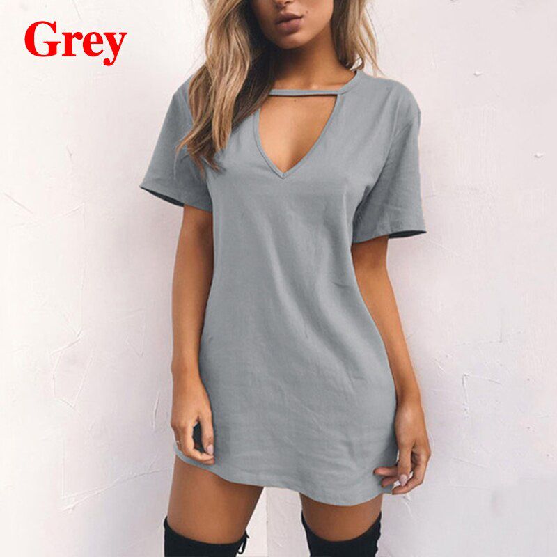 Women Tshirt Dress Choker Deep V-neck Summer Dresses Mini T-Shirt Dress Short Sleeve Ladies Casual Clothing Dropshipping
