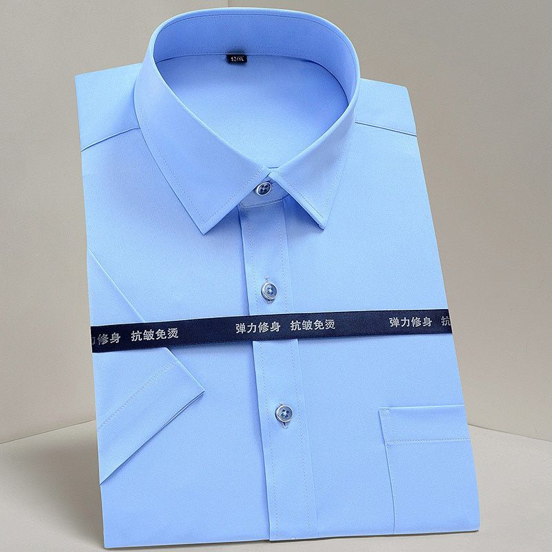 Men's Short Sleeve Shirt Stretch Fabric Solid Black White Elasticity Social Shirt Formal Dresses Slim Fit Work Male Blouse 2020
