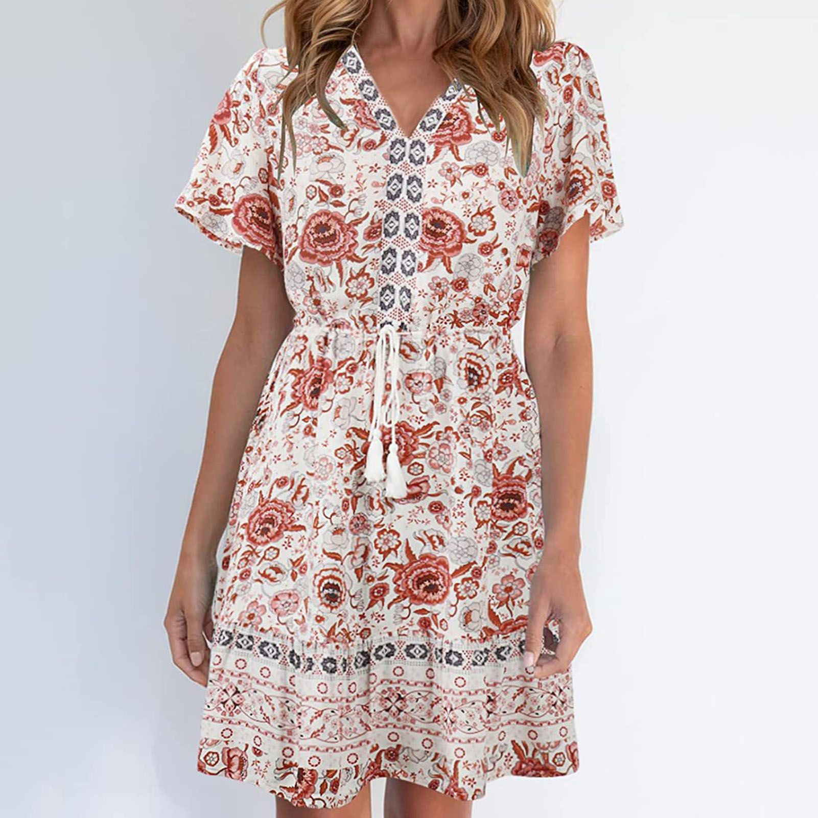Women Dress Beautiful Bohemian Floral Print Short Sleeve Women Dress