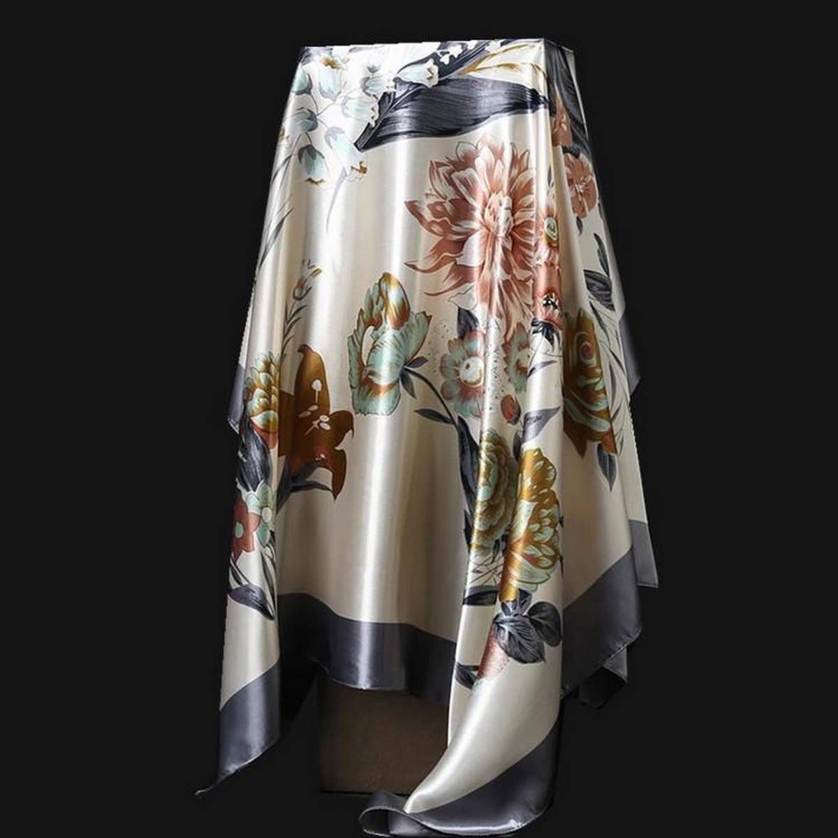 【ALLGOOD】Female Big Square Towel Silk Satin Scarf Sunscreen Shawl MultiUse Bag Professional Fashion Floral Shiny Lady Women  90cm (35.4Inches)