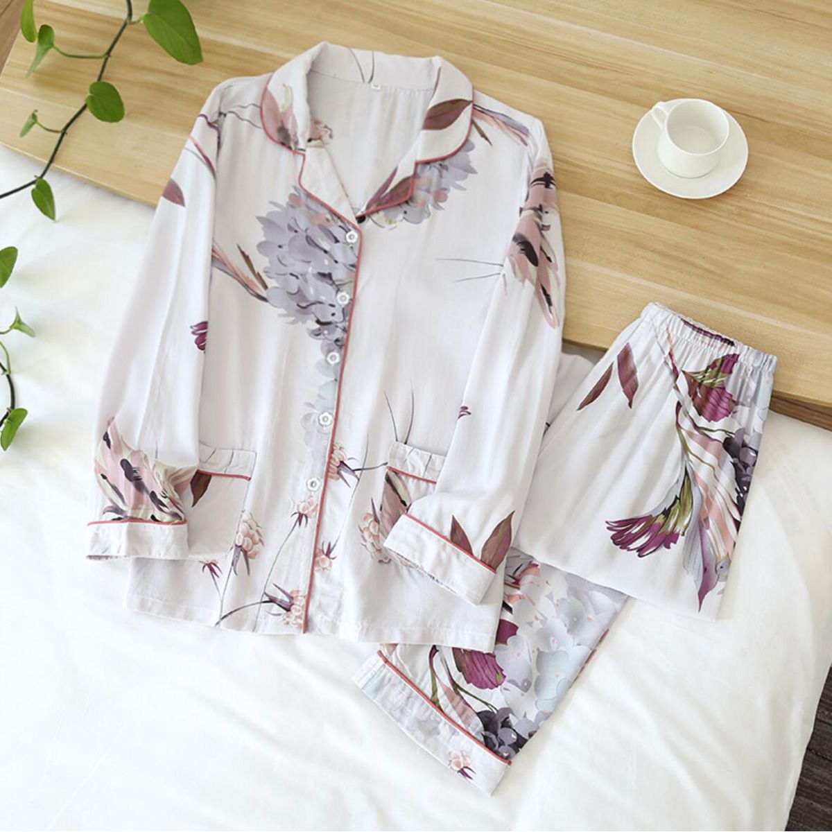 Women's Summer Two-piece Home Suit for Spring and Summer Thin Long-sleeved Viscose Cotton Pants Pajamas Women Summer Cotton Suit