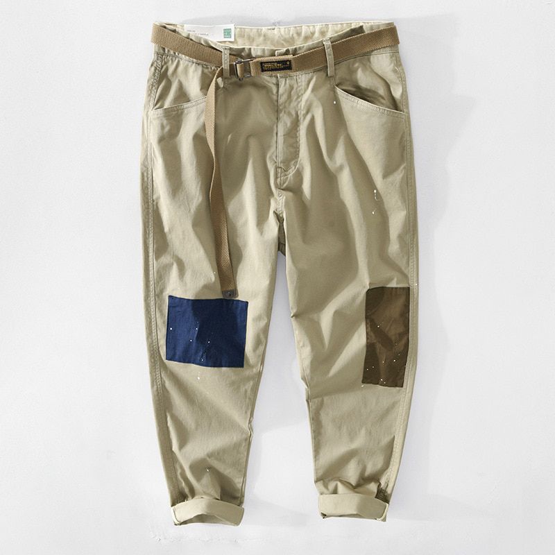 Spring Summer New Men Patchwork Trouser Casual Thin Mid Waist With Belt Cotton Made Straight Loose Cargo Pants  GA-Z341