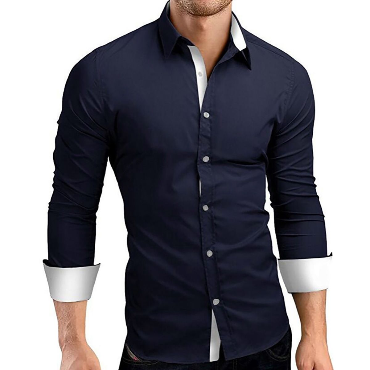 Business Men Color Block Buttons Turn Down Collar Long Sleeve Shirt Slim Fit Top
