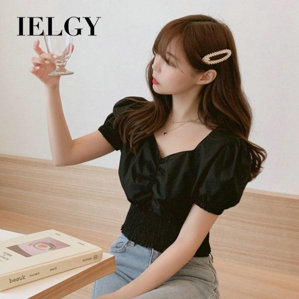 IELGY Pleated elastic waist cropped short shirt women V-neck white tunic top