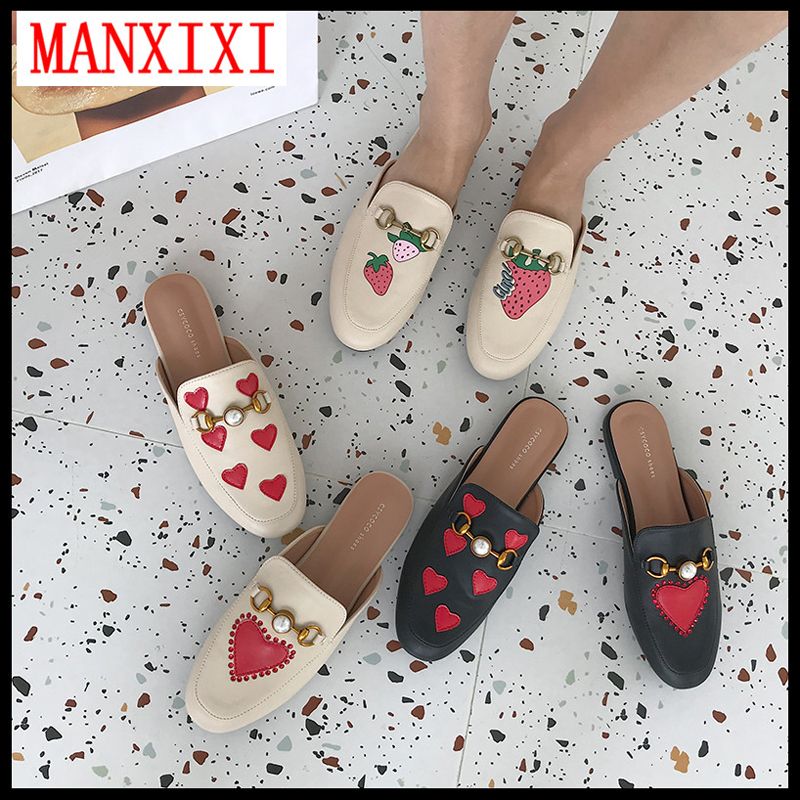 【ALLGOOD】Fashion Round Head Mules Sandals Red Love Strawberry Pattern Low Heel Slippers Apricot Black Shoes For Women（35-40 Size）