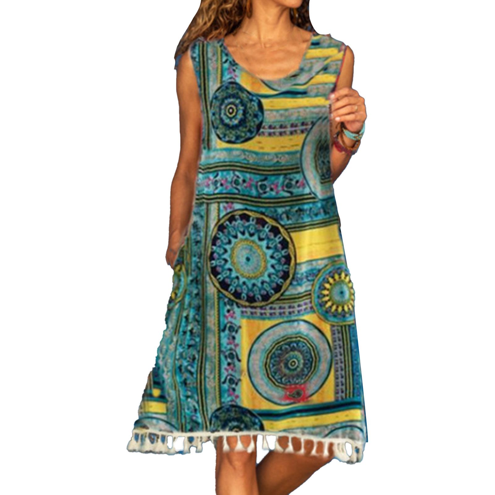 Women Dress Floral Print Tassel Summer Sleeveless Round Neck Dress for Beach