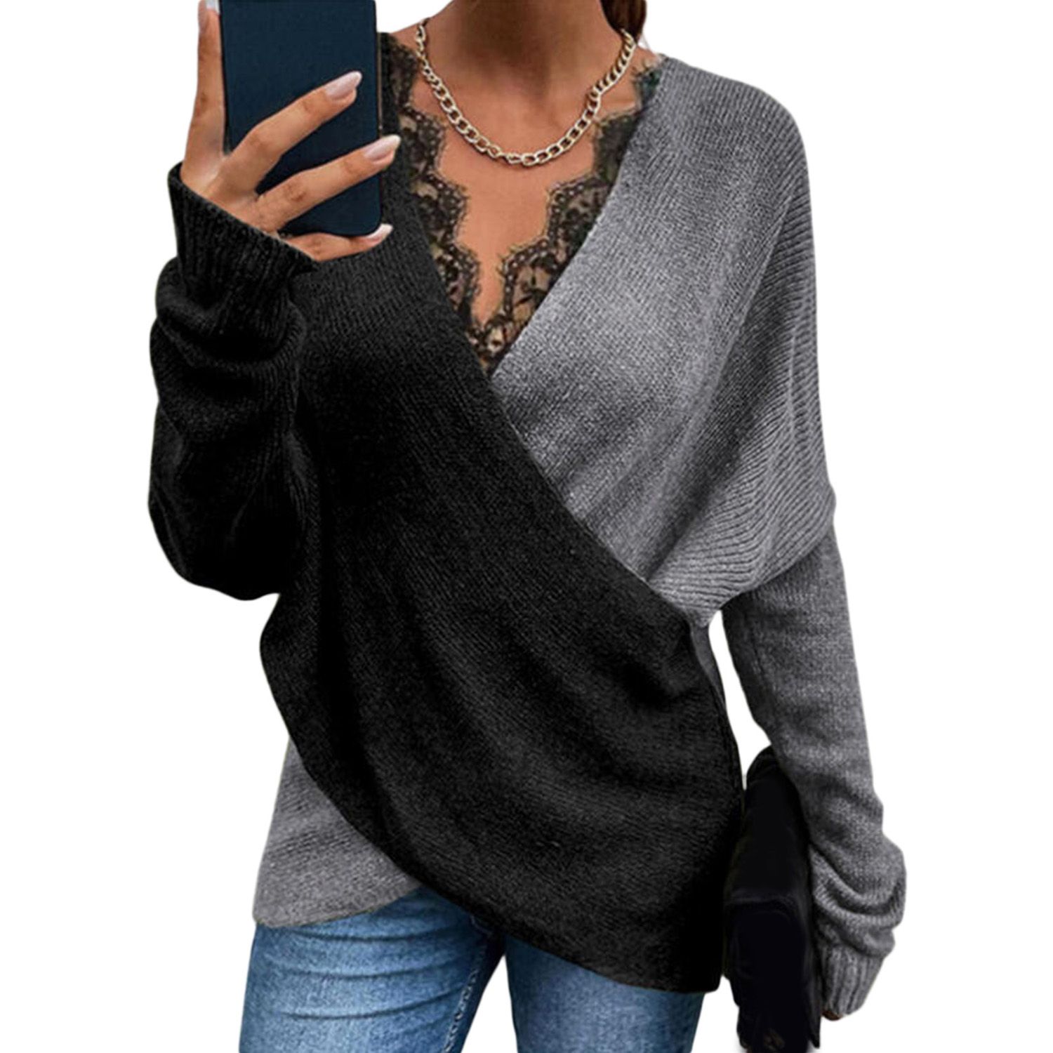 Women Sweater V Neck Loose-fitting Contrast Color Pullover