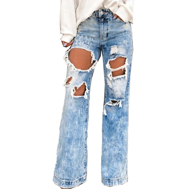 Women's Jeans with Holes Ripped High Wasit Jeans Trousers Summer Fashion Female Denim Wide Leg Pants