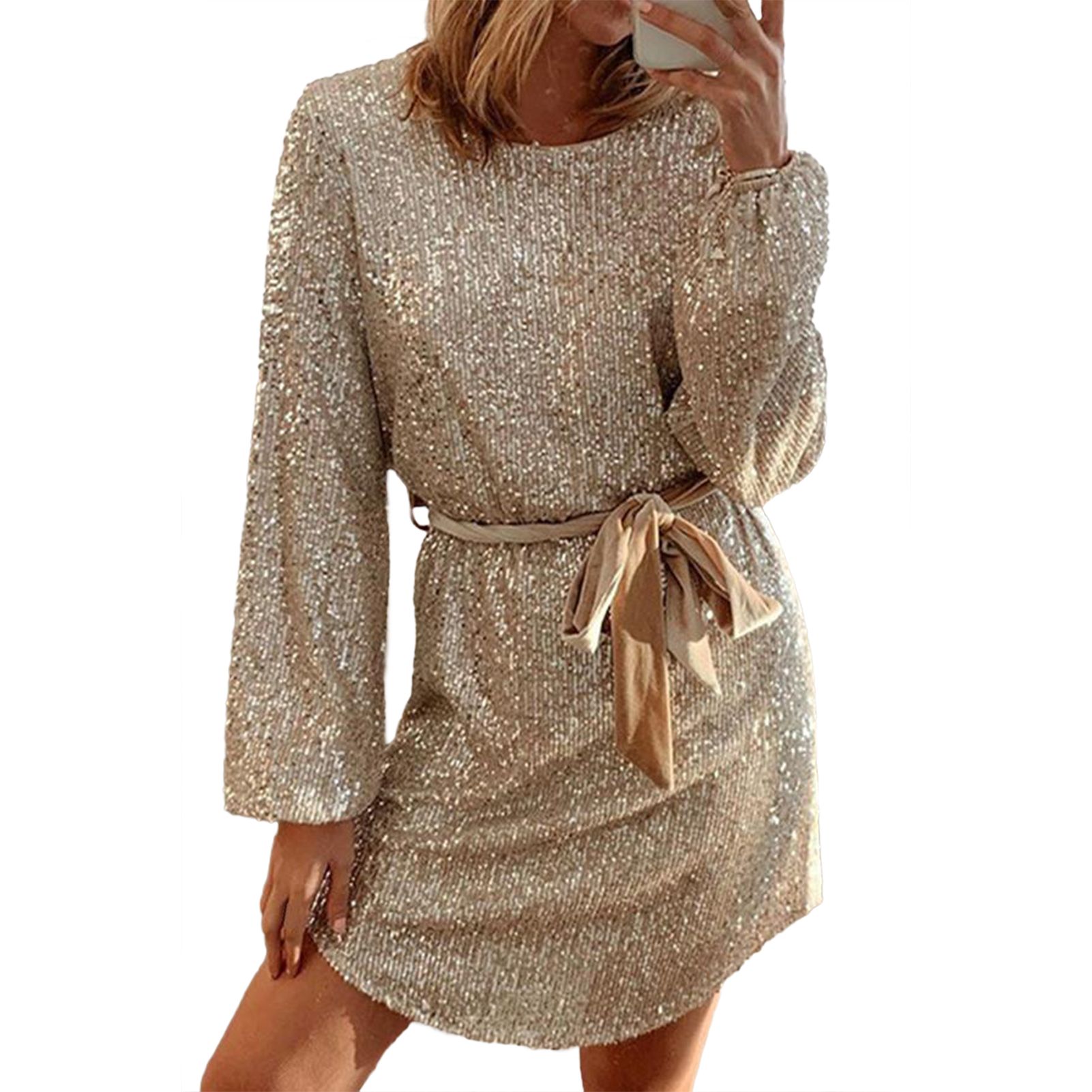 Slim Dress Round Neck Sequins Style Sparkling Women Dress