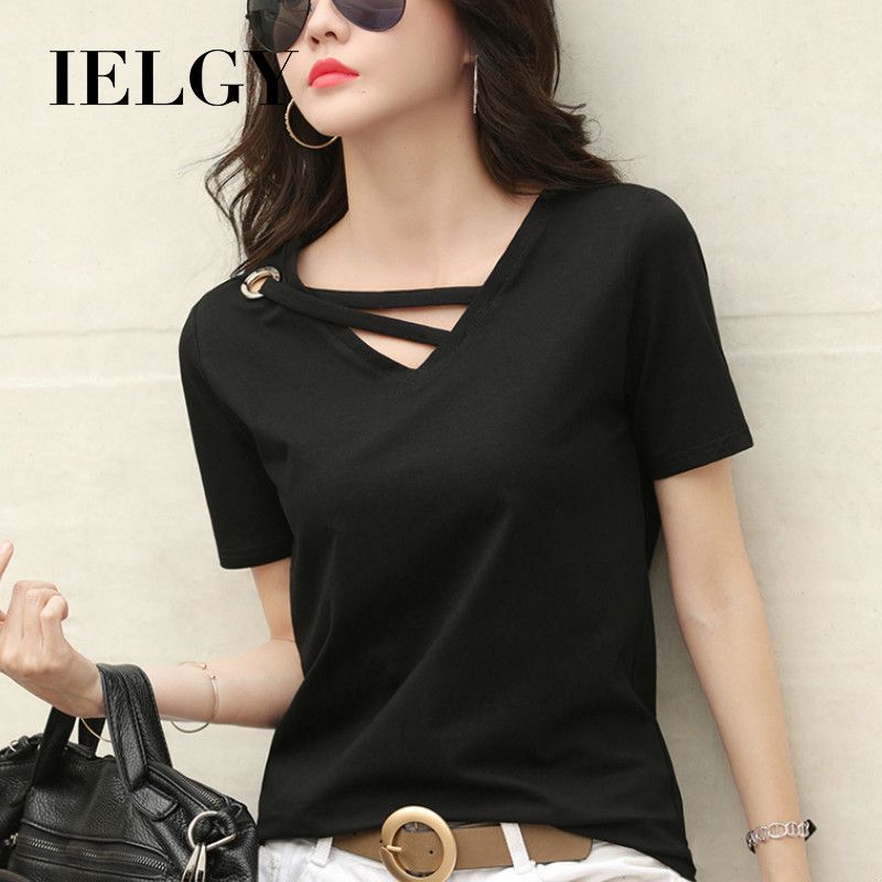 IELGY short sleeve women's T-shirt V-neck loose Korean style top casual