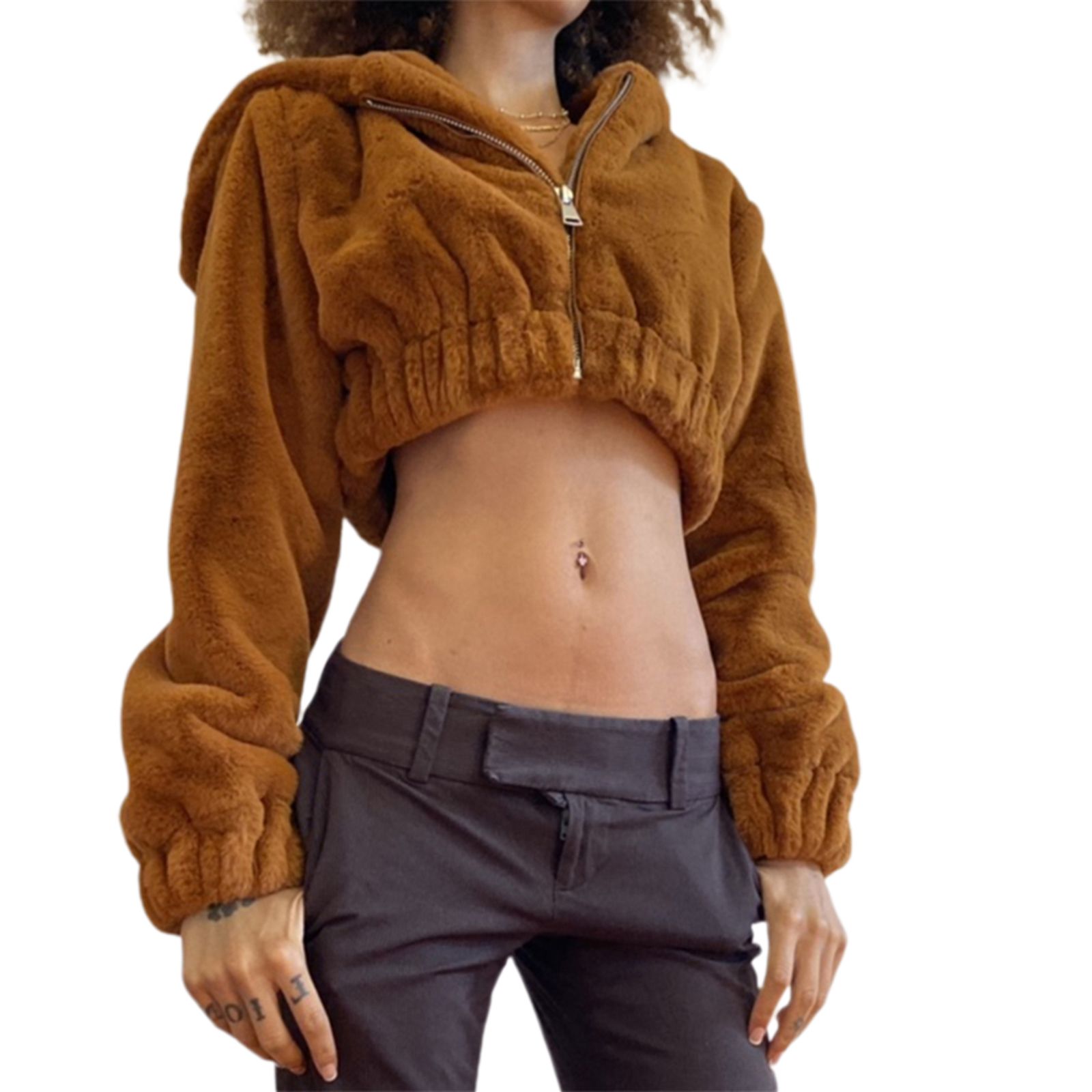 Women Crop Jacket, Long Sleeve Hooded Zipper Closure Ladies Tops for Casual Party