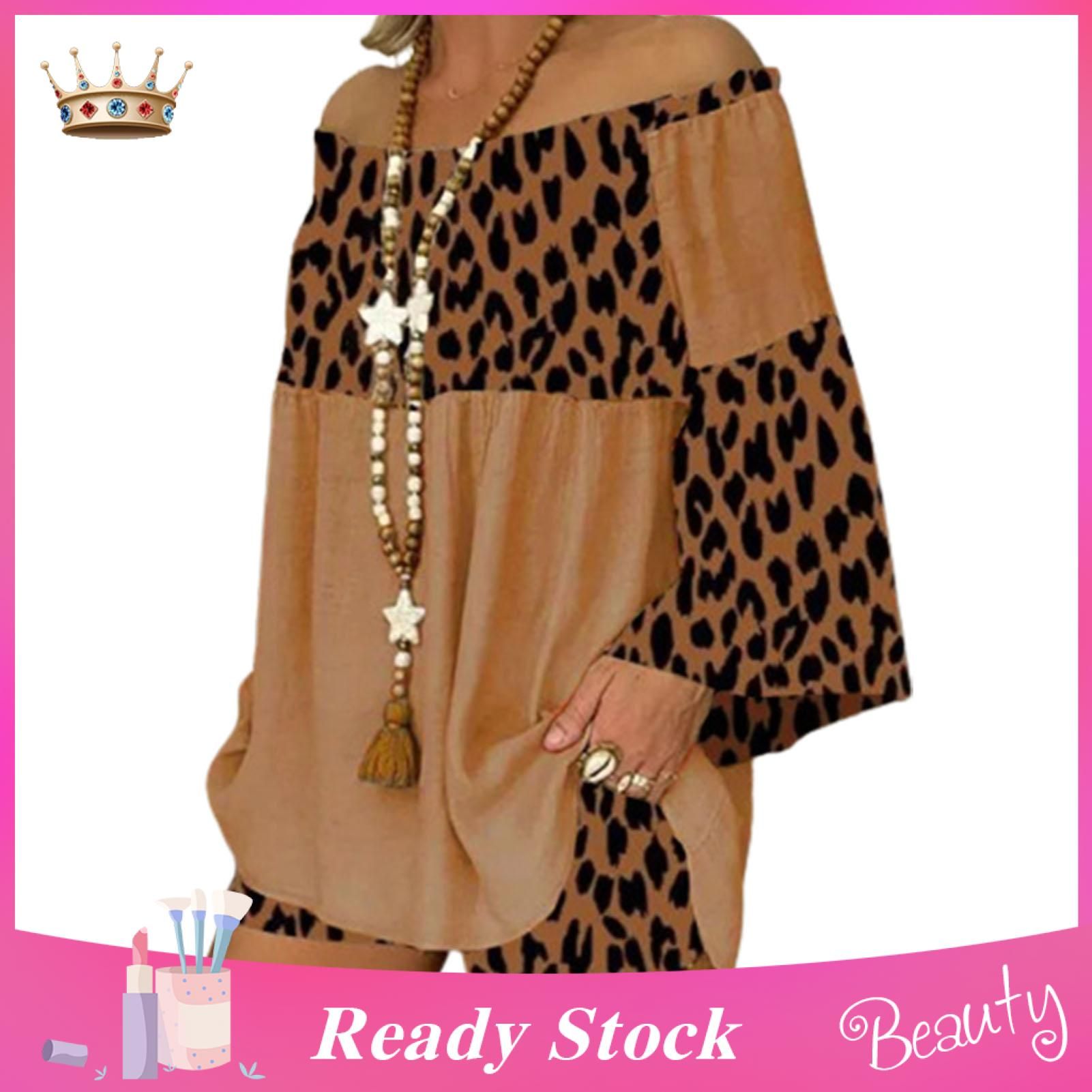Blouse Shorts Set Pullover Leopard Print Shoulder-less Blouse Shorts Set