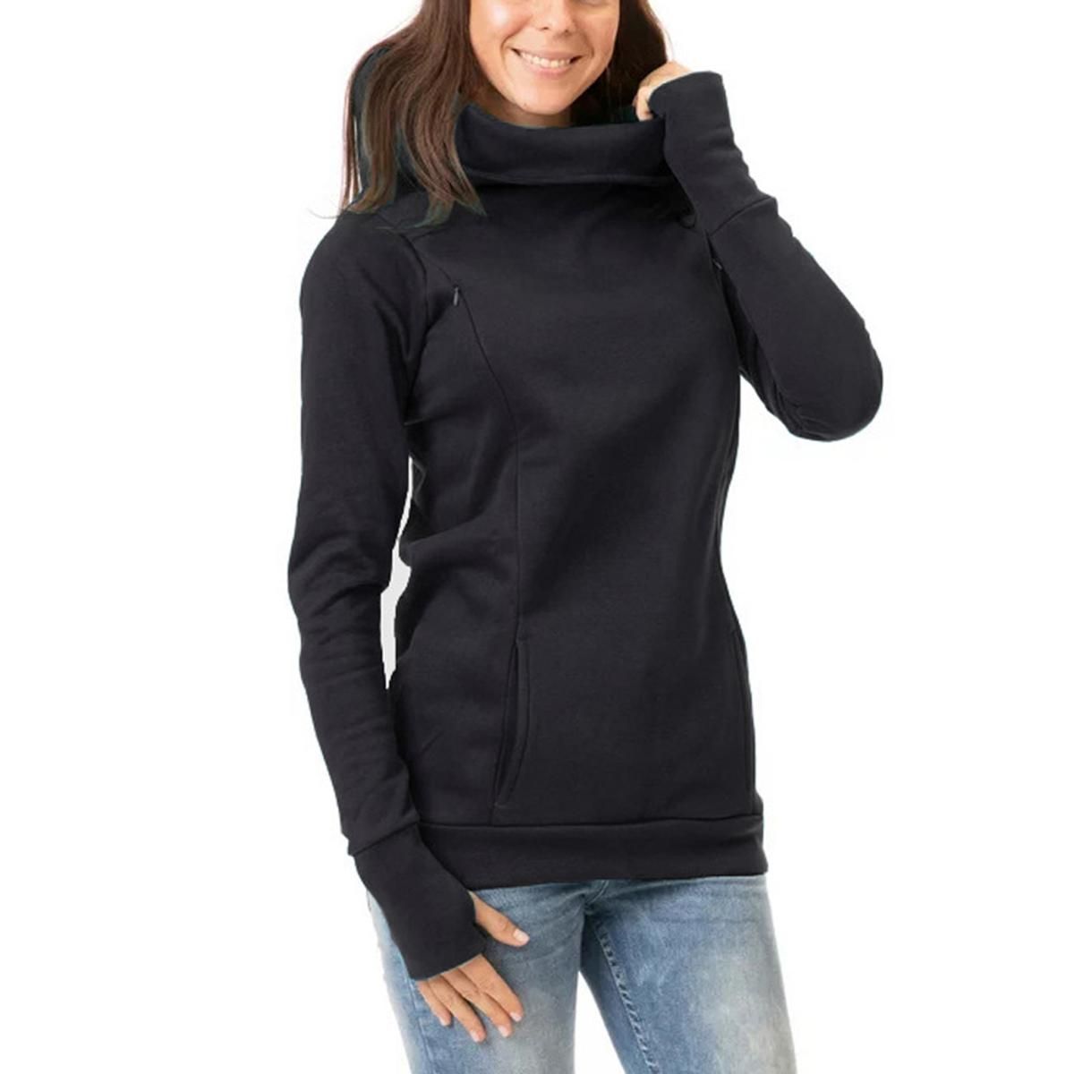 Women’s Casual Long-sleeved Sweater Fashion Solid Color Loose Round Neck Hooded Sweatshirt with Pockets