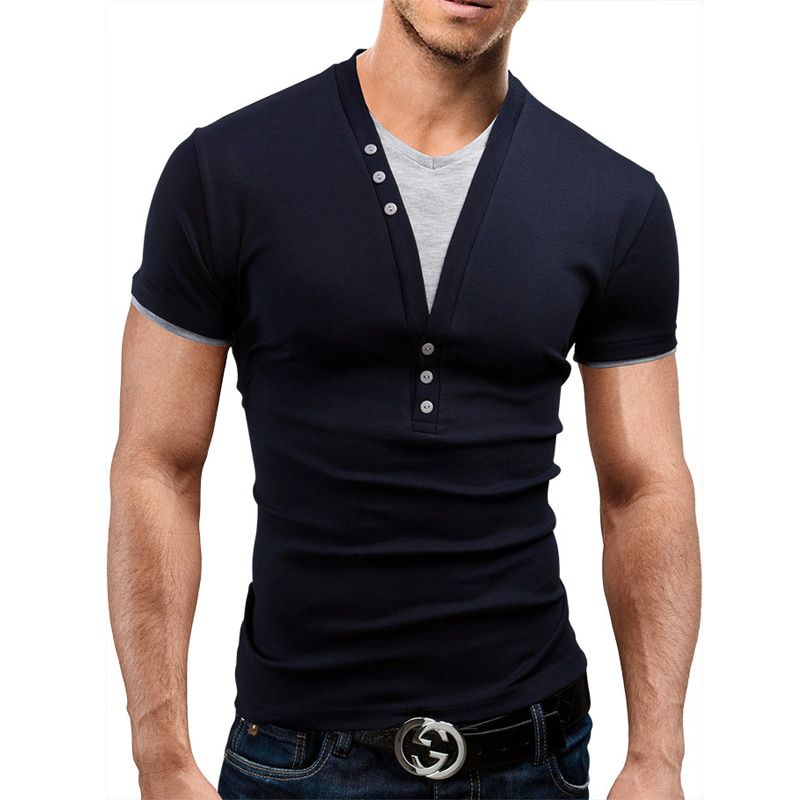 SWAGWHAT Summer New Men Short Sleeve T-shirt V-neck Casual Fake Two-piece T Shirt Fashion British Style Male Slim Fit Solid Tees