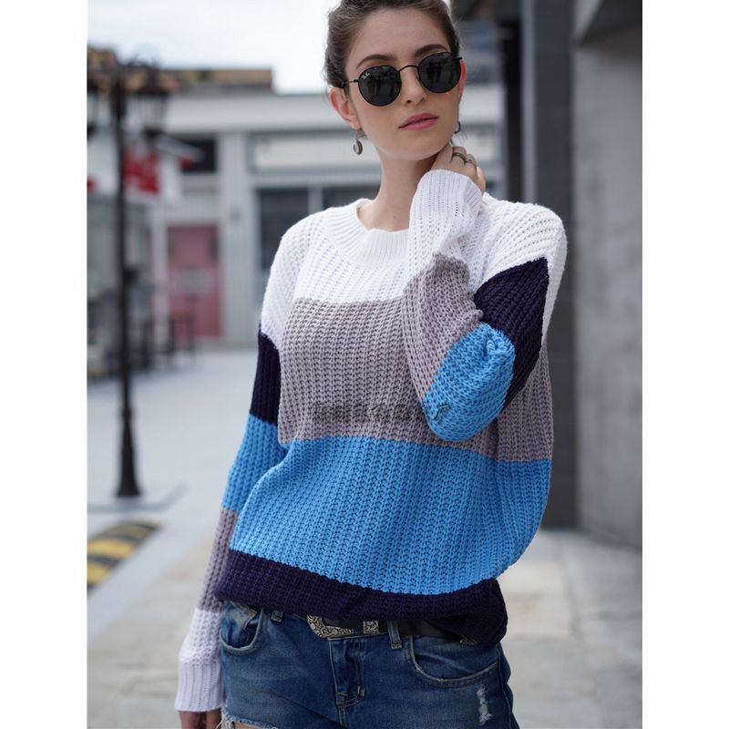 2020 Women's Sweater Striped Color Block Crew Neck Long Sleeve Knit Sweater Pullover Jumper Tops