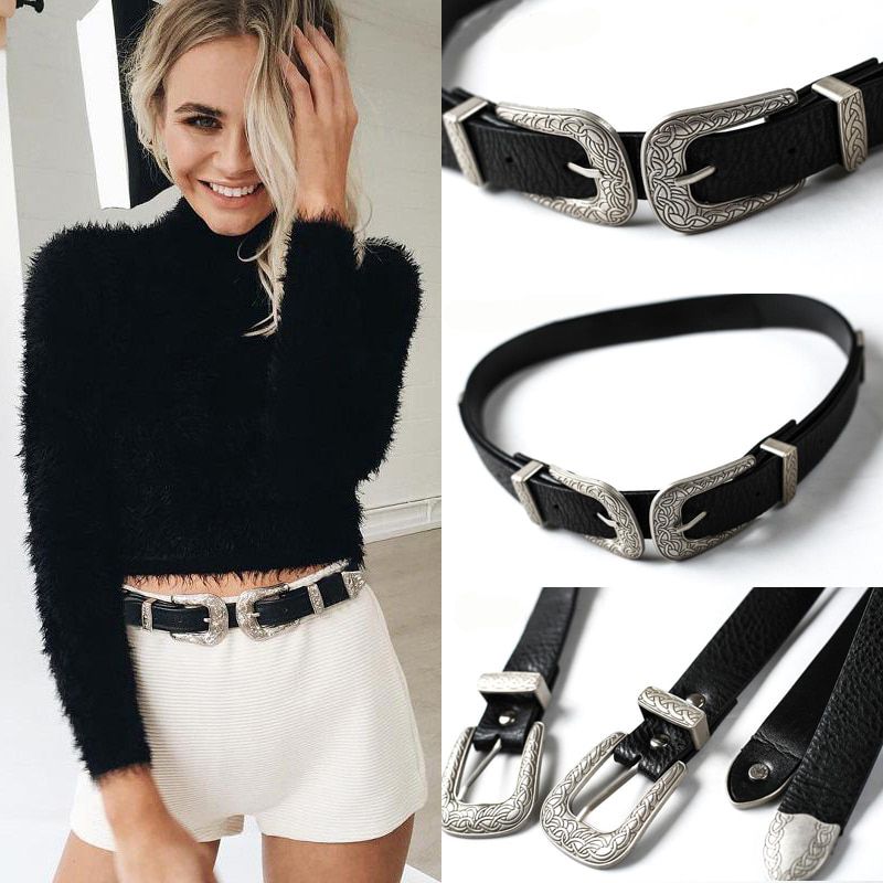 Fashion Women Lady Vintage Metal Boho Leather Double Buckle Waist Belt Waistband