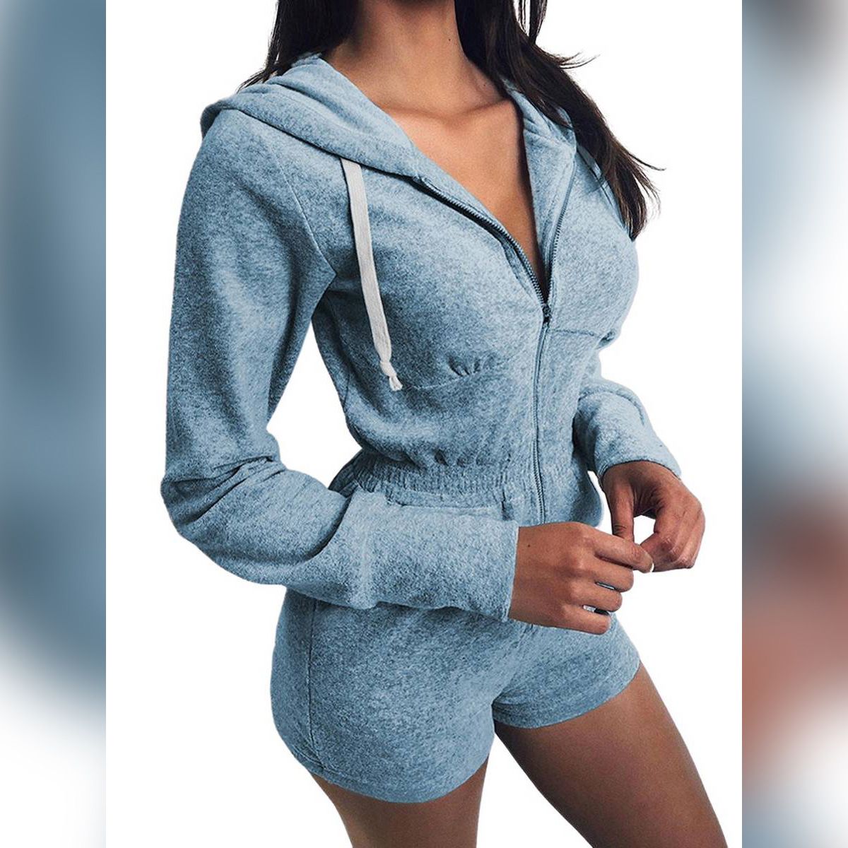 Women Long Sleeve Hooded Jumpsuit Casual Zipper Solid Color Jumpsuit for Sports Daily Wear
