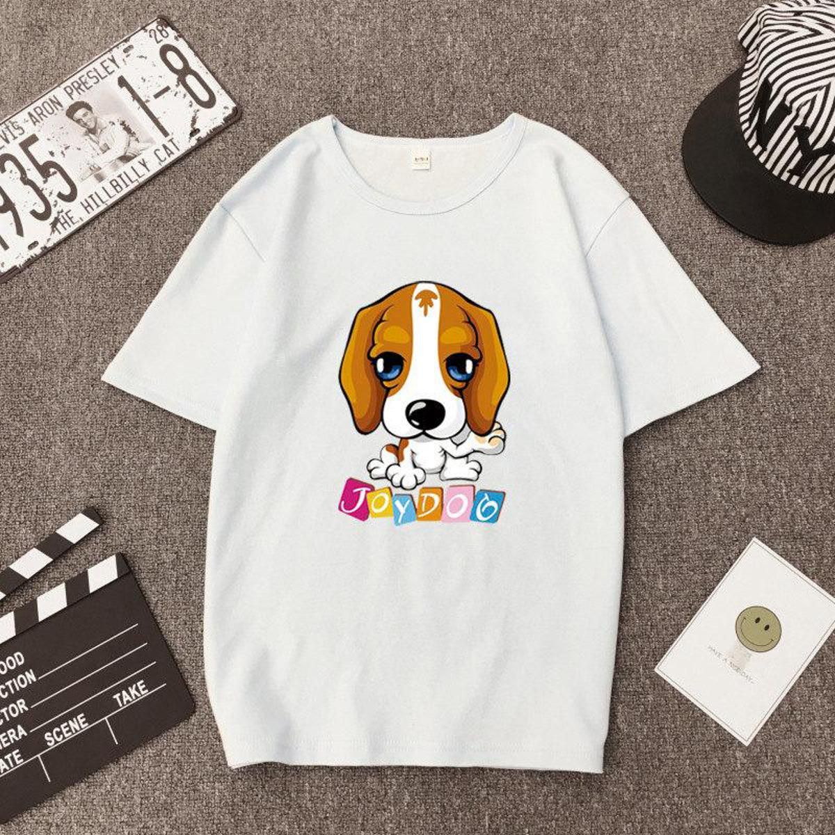 Korean Fashion Spring And Summer Women's Fat Mm Cute Dog Print Loose Skinny Round Neck Plus Size Minus Age Short Sleeve T-Shirt