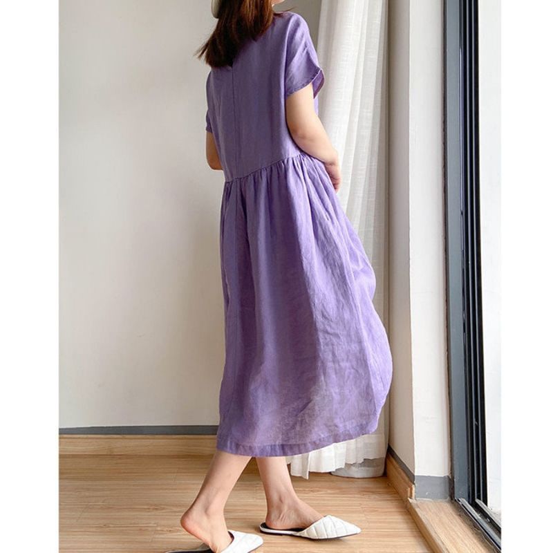 Women O-Neckline Knee-length Cotton Dress Plus Size M-4XL Short Sleeve Loose Swing Dress female casual straight dresses F128