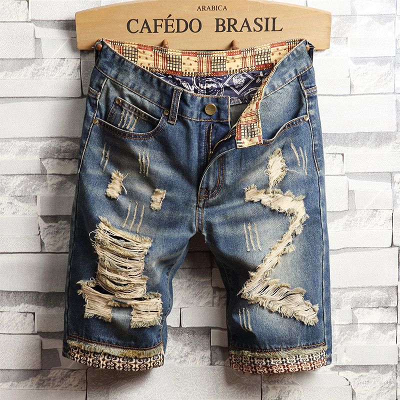 Men Denim Shorts Hole Destroyed Torn Punk Jeans Pants