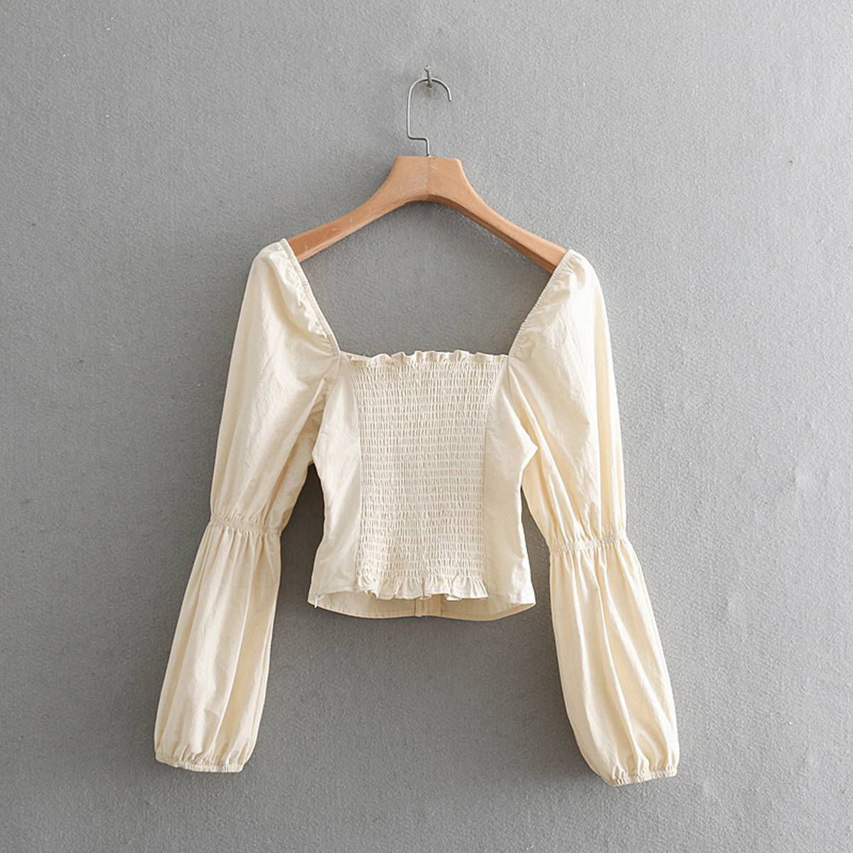 Women's Frill Smock Crop Top Retro Square Neck Long Sleeve Shirred Blouse Tops
