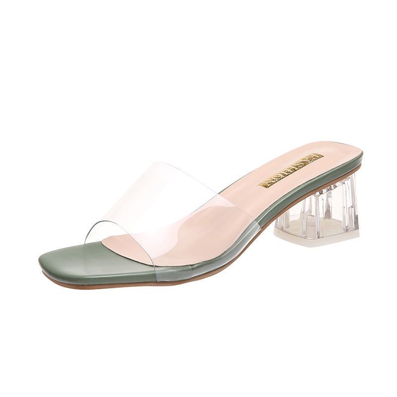 Women's Net Red Sandals and Slippers for SummerNew Fashionable Chunky Heel Shoes Crystal High Heel Transparent Slippers Shoes