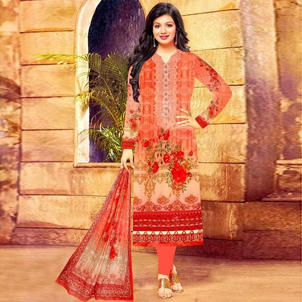 Unstitched Red Cotton Salwar Kameez For Women