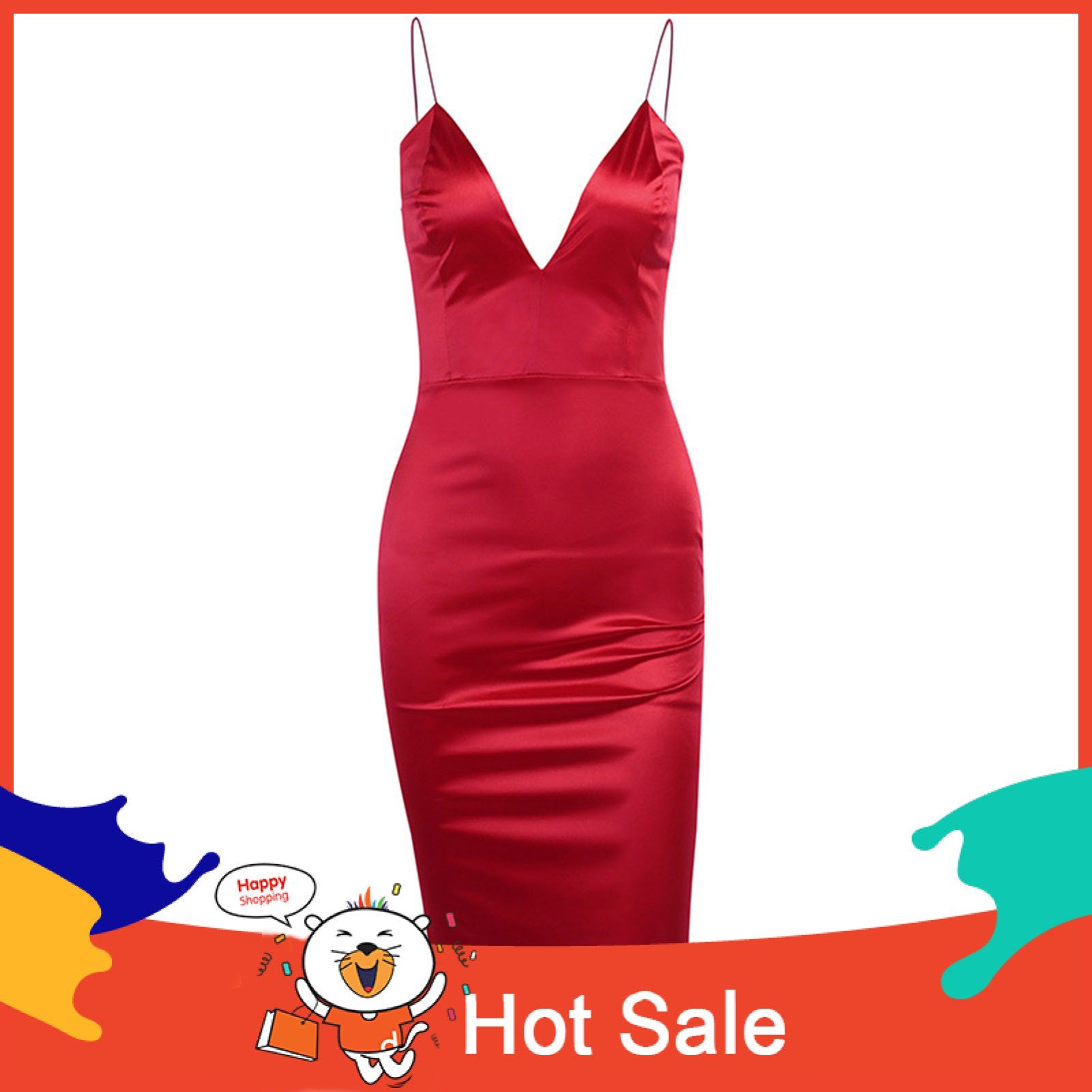 Women Deep V-neck Spaghetti Strap Solid Color Sling Satin Bodycon Dress Midi Dress Sundress for Cocktail Party