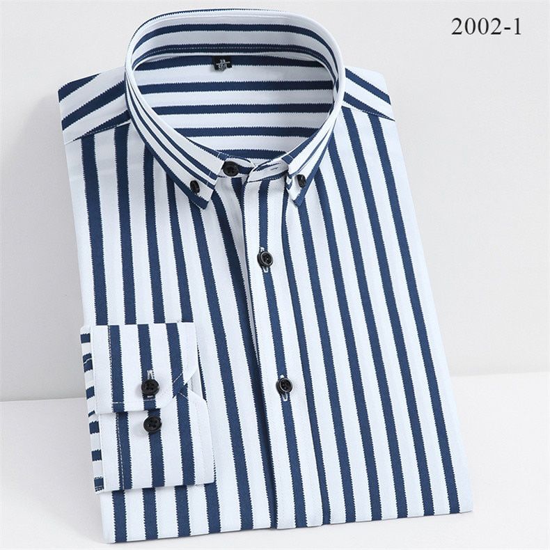 Long Sleeve Men's Striped Shirts Stretch Fabric well Fit Male dress Shirts Elastic Comfortable 2020 Pocketless casual Quality