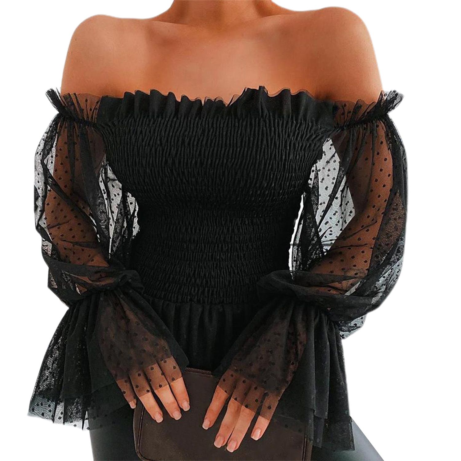 Blouse Stretchy Off Shoulder Dot Print Women Blouse
