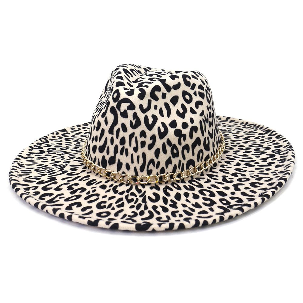 9.5CM Big Brim Leopard Fedora Hats Casual Men Women Fashion Felt Hat white Black Panama Trilby Formal Party Cap