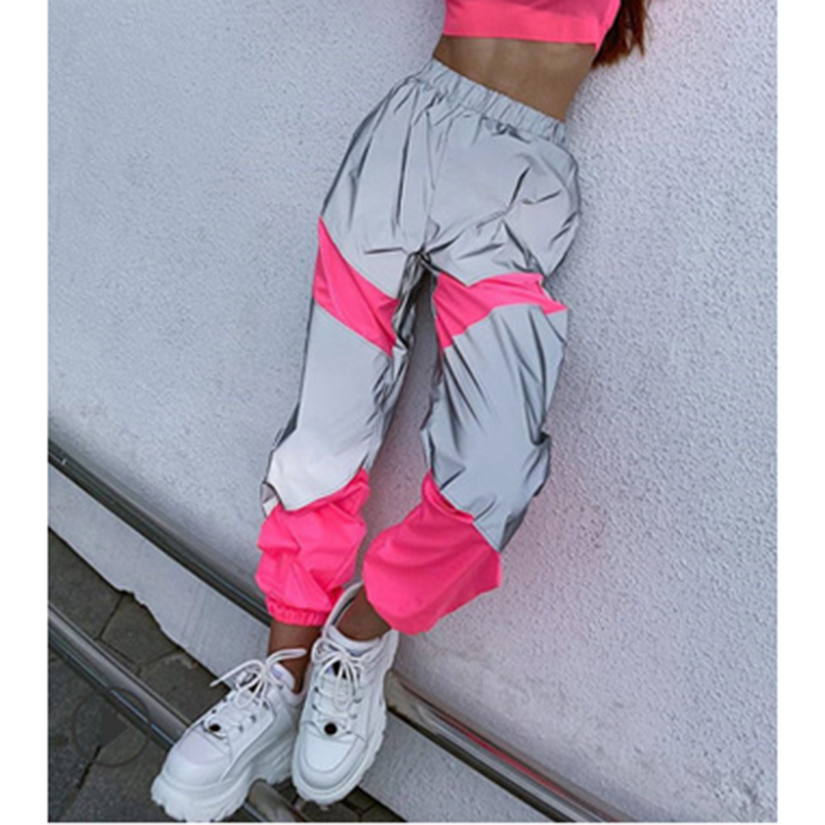 2021 Women’s Korean Sports Trousers Fashion Reflective Color Stitching High Waist Beam Feet Casual Pant