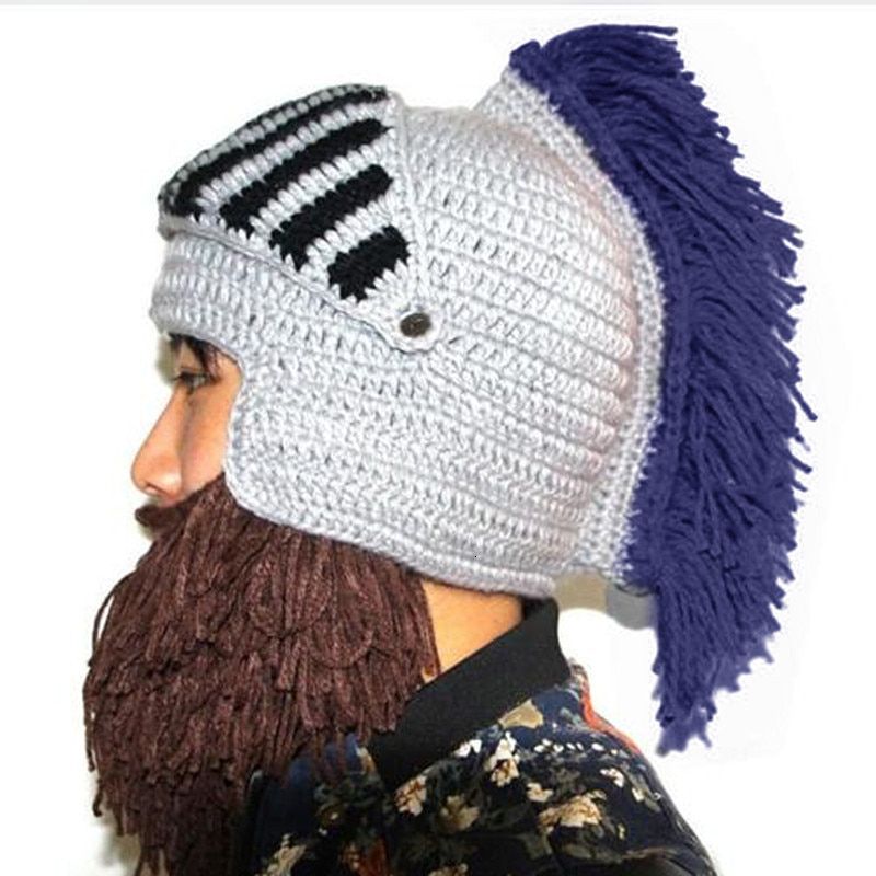 Cosplay Roman Knight Knit Helmet Men's Caps Barbarian Handmade Winter Warm Beard Hats Funny party Beanies