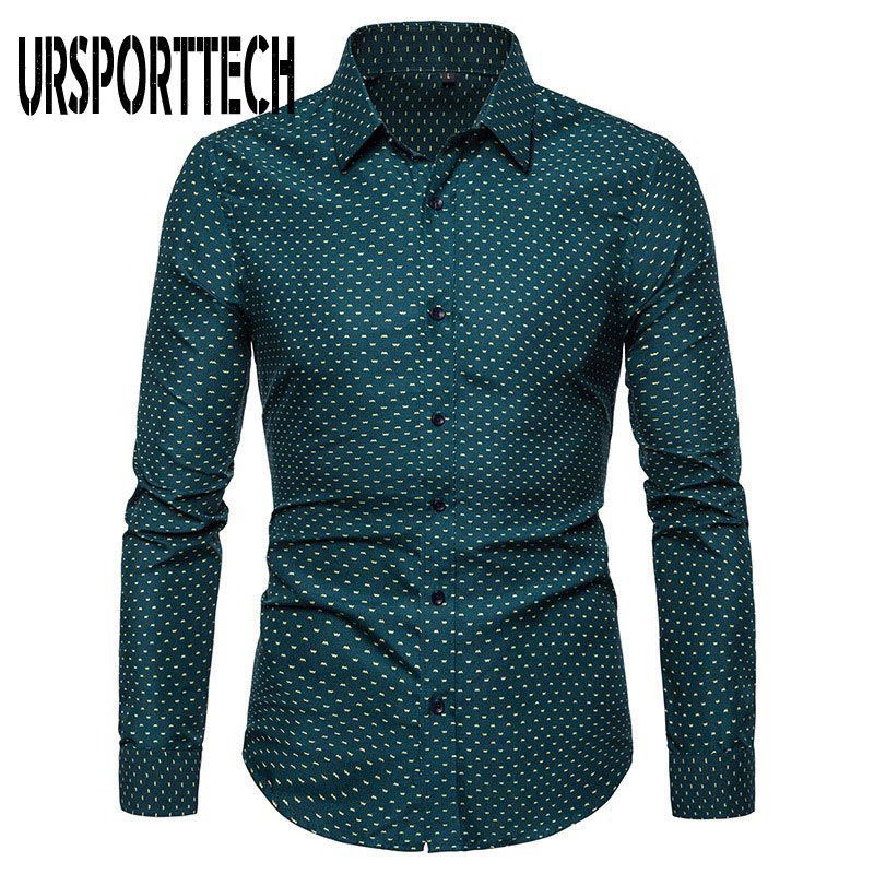 URSPORTTECH Print Long Sleeve Shirt Men Large Size Regular Fit Elegant Casual Shirts Male Business Dress Shirt Camisas Masculina