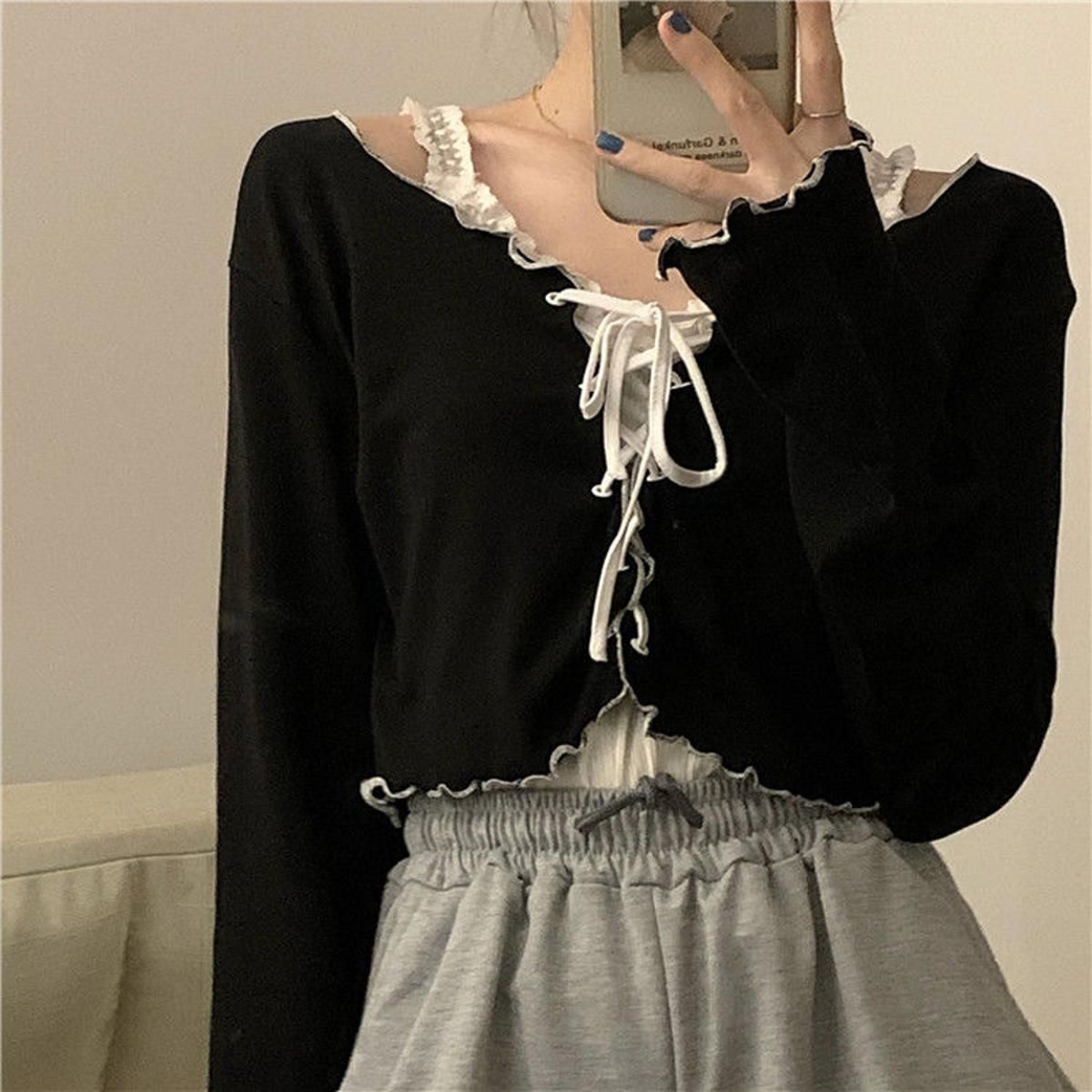 Women Long Sleeve T-shirts Lace-up Patchwork Ruffles Trendy Sweet Lovely Crop Tops  Females Leisure Chic All-match Outwear